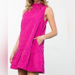 THML Vibrant Pink Textured Mini Sleeveless High Neck Dress